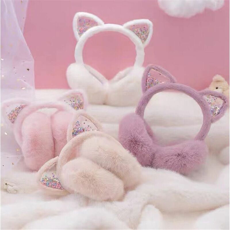 Penutup telinga telinga kucing lucu, penghangat telinga hewan manik-manik lembut & hangat untuk wanita anak perempuan luar ruangan bulu penutup telinga musim dingin