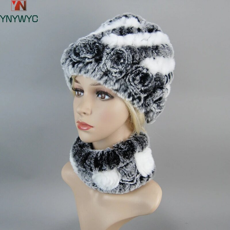 女性のための自然なウサギの毛皮の帽子,ウサギの毛皮のスカーフと帽子のセット,冬の再利用可能なウサギの毛皮のスカーフ