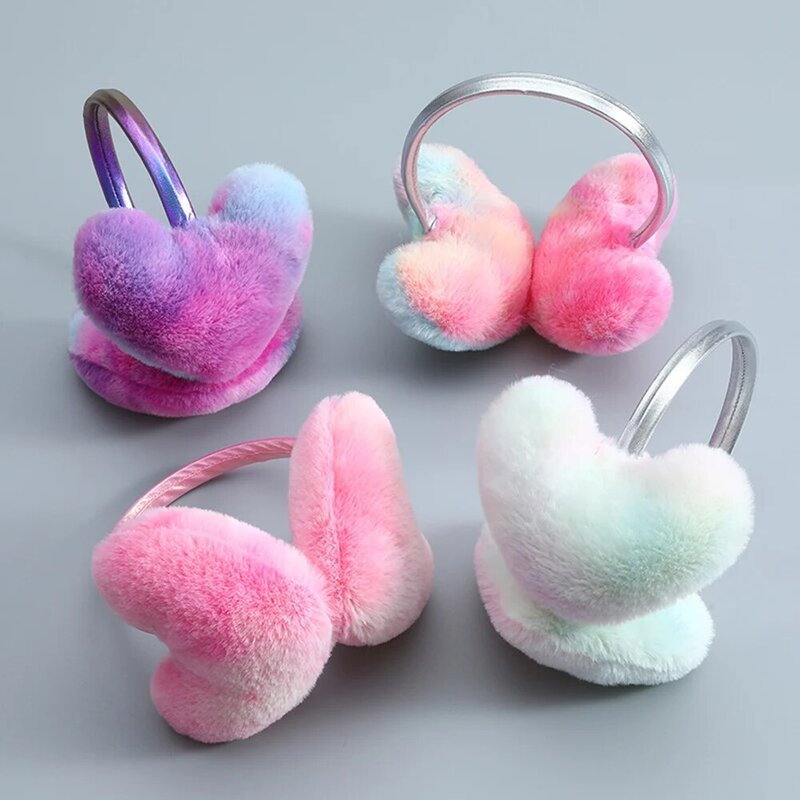 Orejeras de felpa en forma de corazón para mujer, orejera de Color degradado, cubierta de orejas para niña, orejera colorida y elegante para invierno