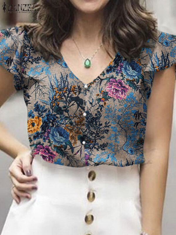 ZazEA-بلوزة نسائية بطبعة زهور ، قميص بأكمام قصيرة ، طراز بوهيمي ، رقبة على شكل حرف v ، كاجوال ، تونك حفلة ، الصيف ،