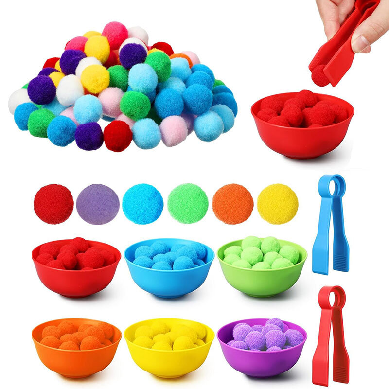 Children Counting and Sorting Toys Set 60 Pom poms 6 Rainbow Colors Plastic Bowls with 2 Tweezers Fine Motor Skill Learning Toys