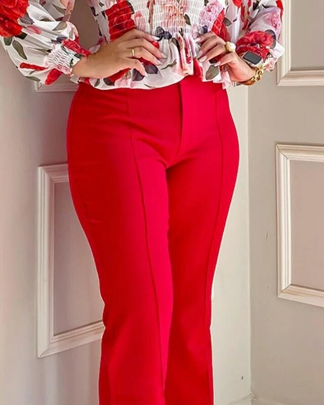 Женский комплект из двух предметов, весенний модный топ с цветочным принтом и V-образным вырезом и длинными рукавами и повседневные брюки-клеш с высокой талией