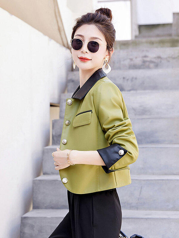 New Women Elegant Design Short Leather Jacket Spring Autumn Fashion Turn-down Collar Single Breasted Short Coat Split Leather