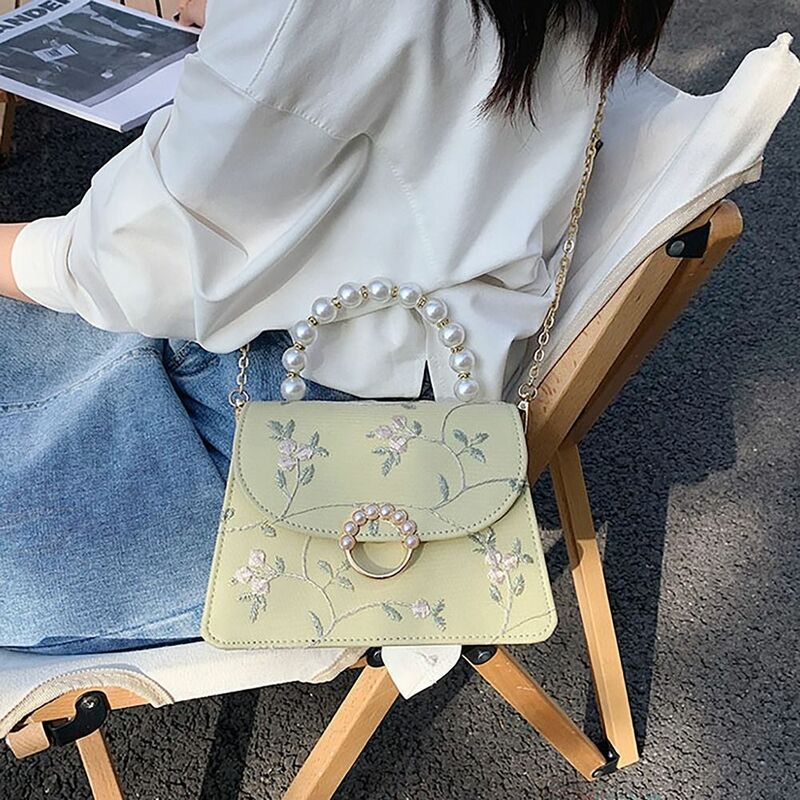 Pearl Chain Crossbody Bag Waterproof Lace Floral Embroidery Shoulder Bag PU Leather Big Capacity Flap Handbag Summer