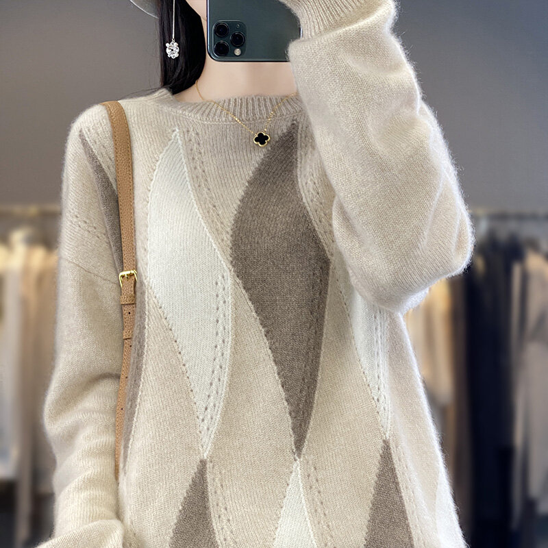 100% 울 스웨터 여성 2023, 라운드넥 풀오버, 한국 패션 루즈핏 상의, 부드러운 배색 재킷, 가을 겨울 신상