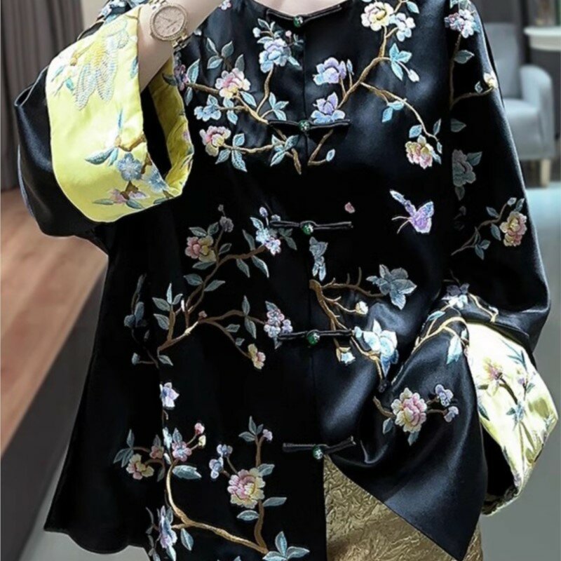 New Chinese Women's Acetate Embroidered Coat round Neck Multicolor Long Sleeve Improved National Style Cardigan