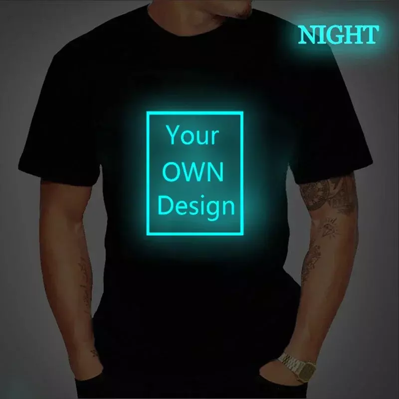 Светящаяся футболка на заказ для мужчин и женщин, футболки с вашим дизайном, логотип, печать текста, оригинальный дизайн, высокое качество, подарки, хлопковая футболка