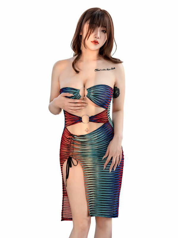 Colorful Sexy Women Dress Strapless Backless Stripes Sheer See Through Hollow Out Bodycon Dresses Butt Lift Night Party Clubwear