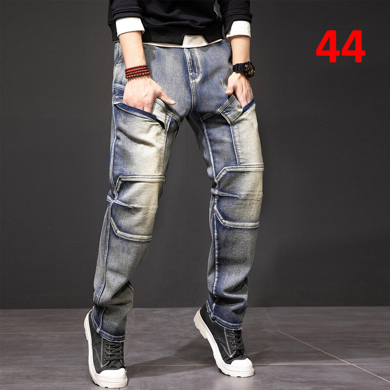 Vintage Punk กางเกงยีนส์ชายขนาด40 44 Denim กางเกงแฟชั่น Streetwear กางเกงยีนส์ Cargo กางเกง Plus ขนาด40 44กางเกงชายกางเกง