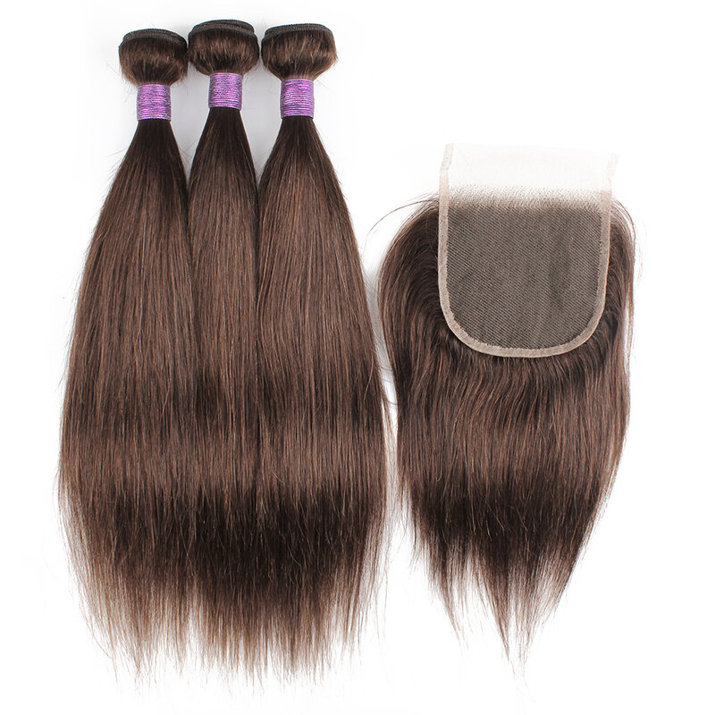 Extensão de cabelo humano Remy Indian Straight, Castanho escuro, 3 Pacotes com Frontal, Transparente Lace Frontal, Cor #2, 13x4, 220g por lote