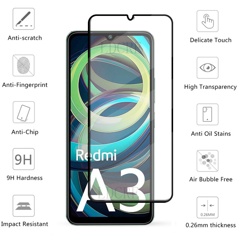 6-in-1 untuk Redmi A3 kaca untuk Xiaomi Redmi A3 kaca Tempered 9H penutup penuh lem 9H pelindung layar untuk Redmi A 3 A3 kaca lensa