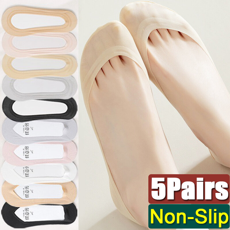 10pcs=5pairs  Women Summer Invisible Non-slip Boat Socks Ladies Thin Sock Solid Color Low Cut Ankle Socks Cotton Sock Wholesale