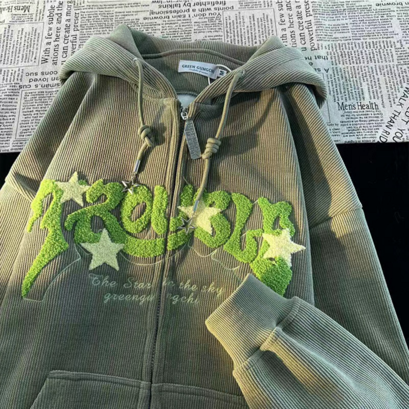 2023 New Fashion Retro Street Corduroy Letter Stars Embroidered Hoodie Female Y2K Couple Loose Zipper Hoodie Casual Jacket Top