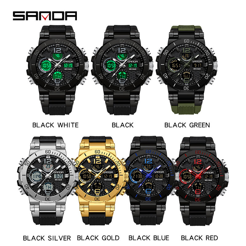Sanda 2024 남성용 듀얼 스크린 디지털 시계, 방수 야간 조명, 다기능 인기 알람 시계, 손목 시계 6167, 신제품