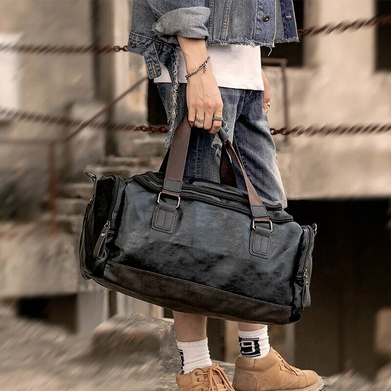 กระเป๋า tas Jinjing Travel แบบย้อนยุคหนังสำหรับความจุเยอะของผู้ชายกระเป๋าไปยิมฟิตเนสกระเป๋าเดินทางผู้ชายกระเป๋าสะพายไหล่เท่ๆ