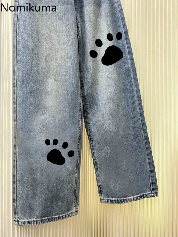 Calça jeans reta feminina fofa de cintura alta estampada, moda coreana, calça de perna larga, vintage, casual, Y2K