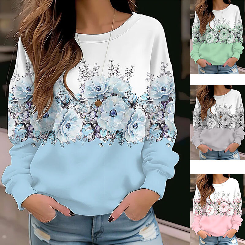 Casual Loose Women's Top Autumn and Winter Floral Print Long Sleeve Round Neck Sweatshirt New Fashion Temperament Ladies T-shirt