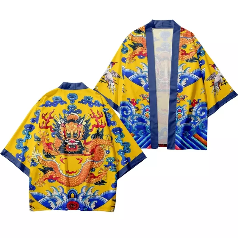 Nowy projekt nadruk ze smokiem moda japoński sweter Haori kobiety tradycyjne azjatyckie ubrania Cosplay czerwone koszule Kimono plażowe Yukata