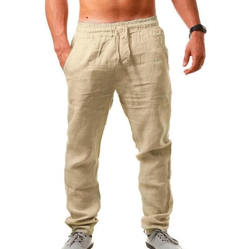 Moda cor sólida simples calças de verão cintura elástica calças esportivas dos homens novos respirável algodão linho calças esportivas my242