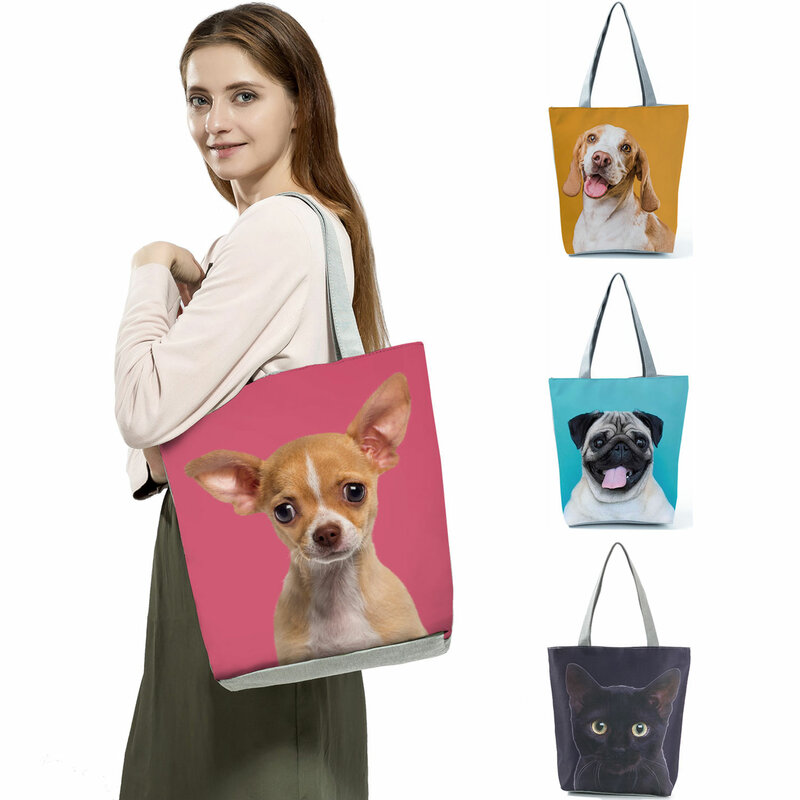 حقائب يد نسائية قابلة للطي ، حقيبة حمل مطبوعة للقطط والكلاب ، حقيبة كتف كاجوال ، حقيبة تسوق عالية السعة ، نمط مخصص ، أزياء نسائية