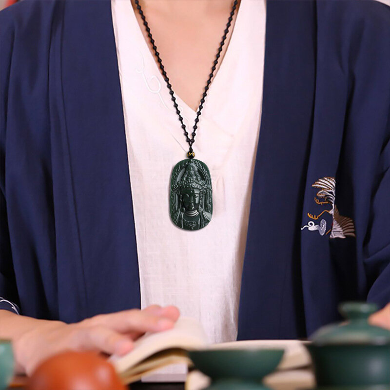 Genuine Natural Old Material Hotan Jade Pendant Blue Jade Guanyin Jade Pendant Charming Men and Women's Jewelry Necklace