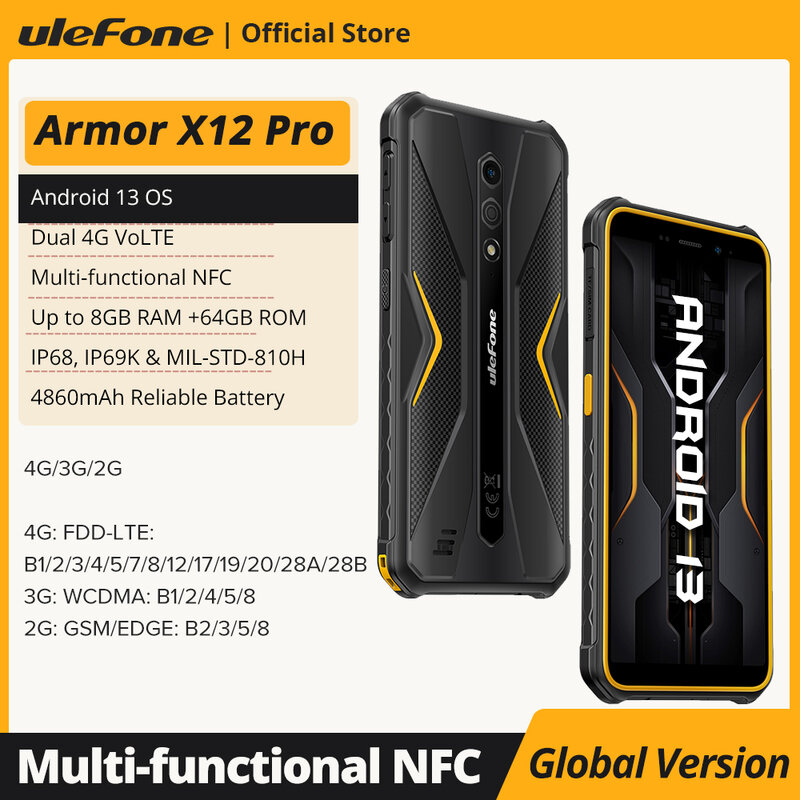 Ulefone Armor X12 Pro，Android 13 ，Up to 8GB+64GB ，4860mAh，13MP 5.45"4G NFC， Global Version，Dual 4G VoLTE，3-Card Slot