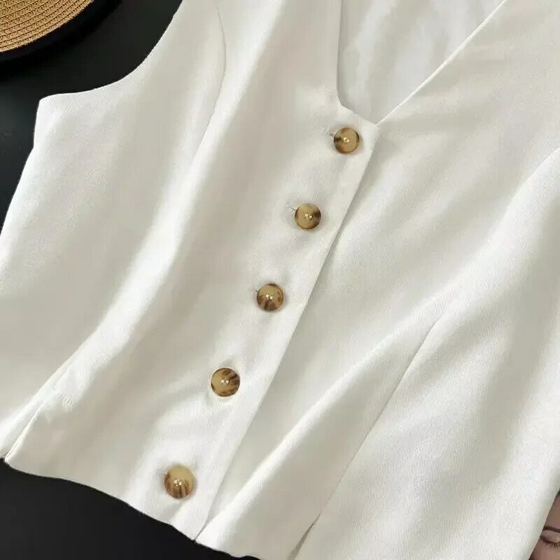 Jaqueta de colete curto sem mangas, gola em v, blusa chique, casual, botão requintado, retro, 2 cores, 2023