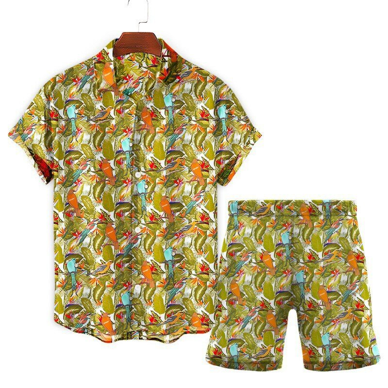 남성용 하와이온 프린트 세트, 셔츠 및 반바지, 3D 프린트, 느슨한 레저 반팔, 비치 셔츠, 홀리데이 패션, 2 피스 세트