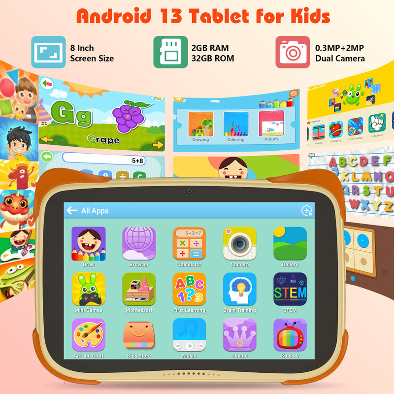 Hot Pepper-Tableta KT10 para niños, dispositivo de 8 pulgadas, IPS, Full HD, 2GB de RAM + 32GB de ROM, con WiFi, compatible con Google Play Store, Android 13