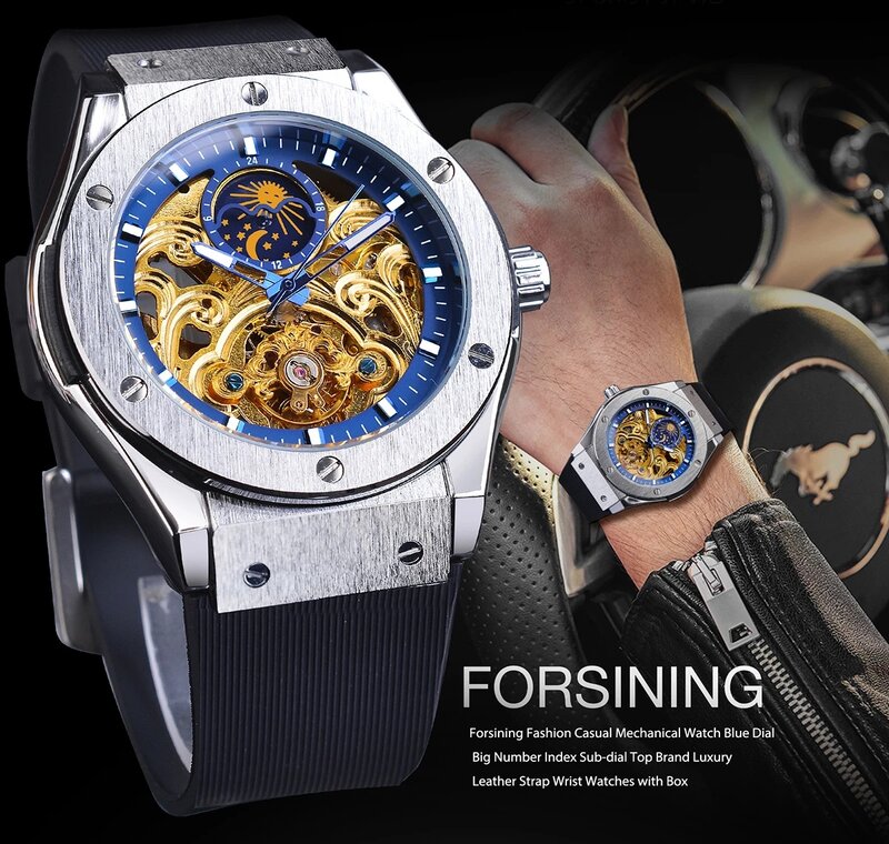 Forsining-Relógio de pulso masculino Hollow Out Silicone, totalmente fase da lua, mecânico automático, marca de topo, moda