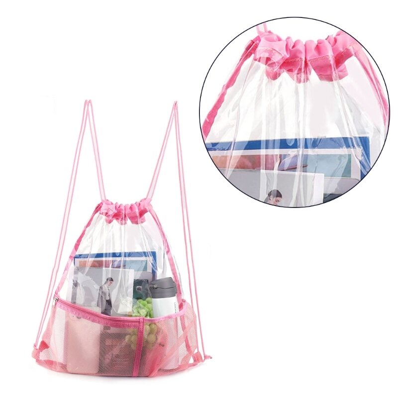 Y166 Travel Beach Bag Drawstring Gym Bag with Front Mesh Pocket Clear Gym Bag Waterproof Sports Backpack for Swimming Travel