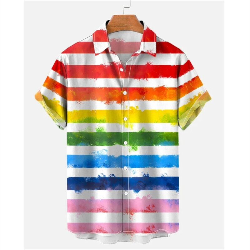 Camicia da uomo romantica oversize estiva modello arcobaleno moda manica corta stampa Top semplice di alta qualità strada allentata hawaiana