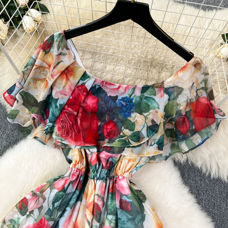Retro elegante schulter freie Rüschen druck Chiffon Kleid koreanische Mode A-Linie lässig hohe Taille Frauen Sommer Strand kleider
