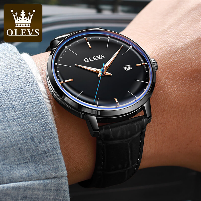 OLEVS 남성용 가죽 스트랩 방수 달력 시계, 최고 브랜드 럭셔리 패션 기계식 시계