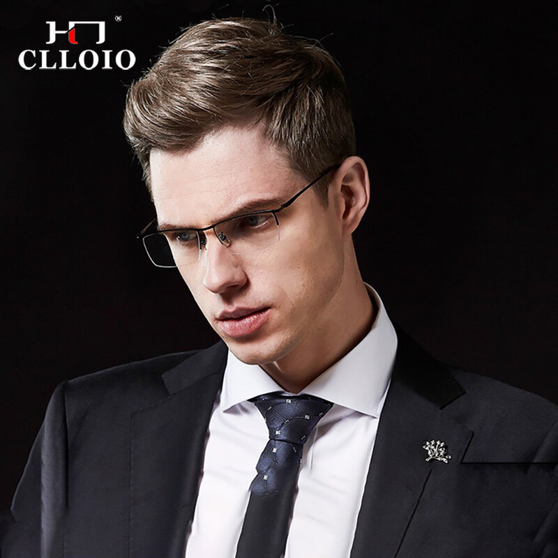 CLLOIO 남성용 비즈니스 블루 라이트 차단 안경, 금속 하프 프레임 처방 안경, 근시 노안 광학 안경, 신제품