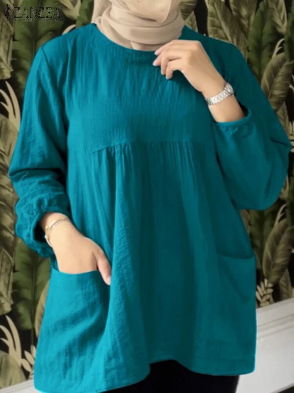Винтажная Осенняя Женская однотонная блузка ZANZEA, Повседневная Свободная рубашка с длинным рукавом, женская блуза