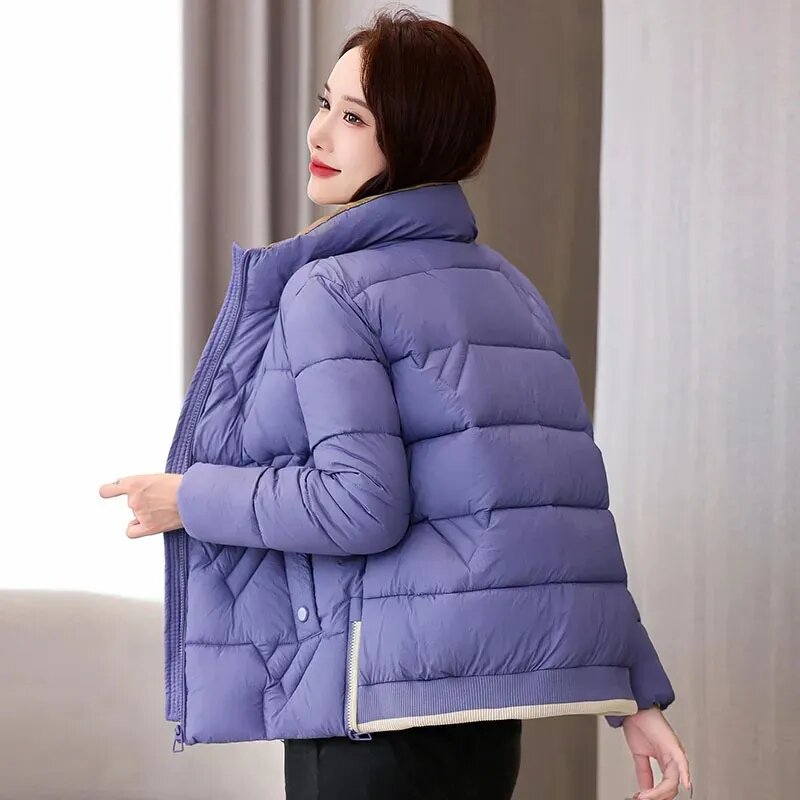 Jaket mantel Parka wanita, jaket mantel pendek pakaian luar hangat kerah berdiri di bawah katun musim dingin 2023