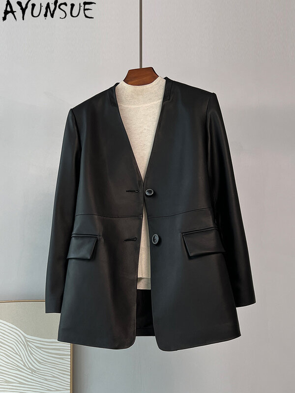 AYUNSUE-Chaqueta de piel auténtica para mujer, abrigo elegante de piel de oveja auténtica con cuello en V, traje coreano, 2023, 100%