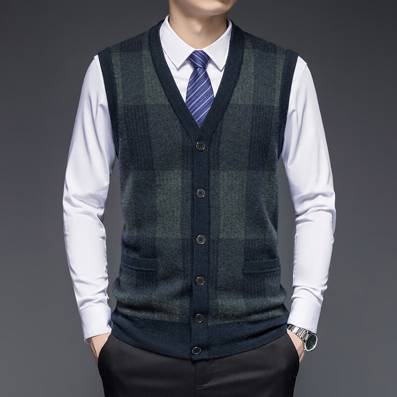 Pure Wool Cardigan Men's Vest V-neck Plaid Jacquard Thickened 100 Wool Sweater High-End Knitted Men's Vest Sweater Vest