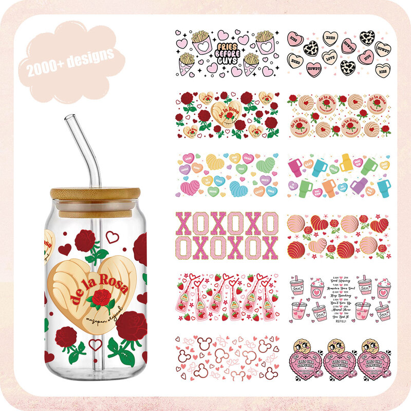 Süßigkeiten Herzen Valentinstag 16oz UV Dtf Cup Wrap überträgt Aufkleber benutzer definierte Etiketten DIY wasserdichtes Logo Xoxo für Libbey Glasdose