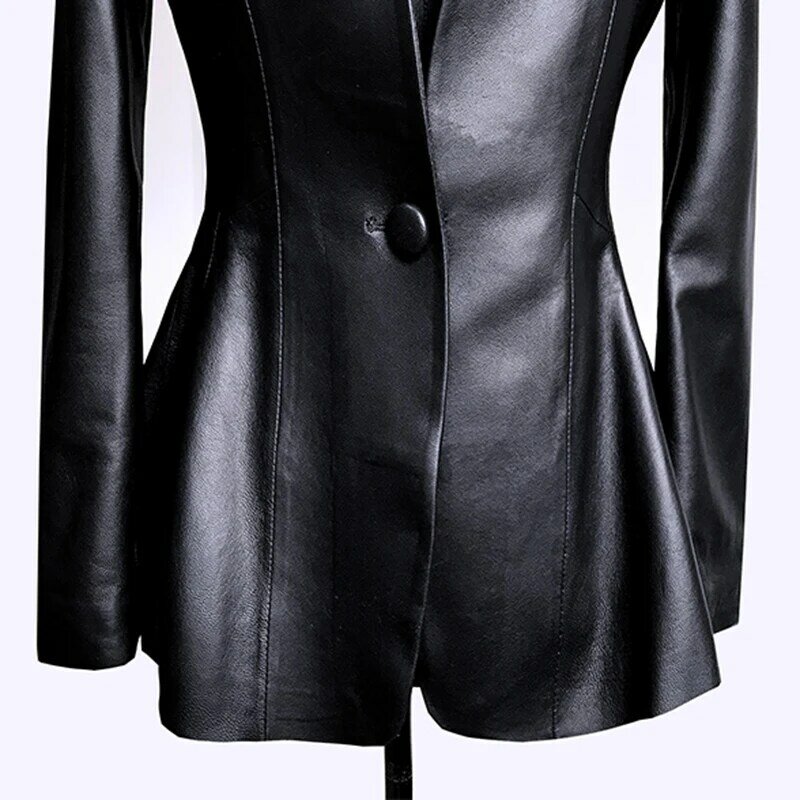 Autunno nero sottile giacca in morbida pelle Pu donna scollo a V profondo manica lunga a sbuffo elegante Blazer con gonna di lusso moda