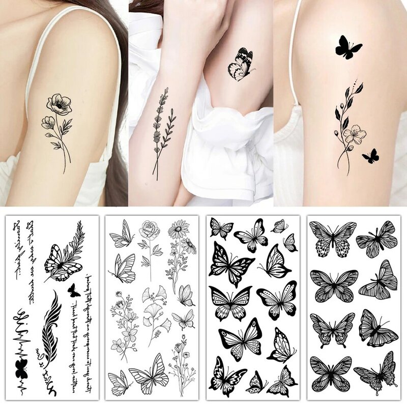 Tatuagem temporária de flor e borboleta preta para homens e mulheres, tatuagem de planta falsa, adesivo para adultos, rosto, mãos, arte corporal, homens, 1 folha