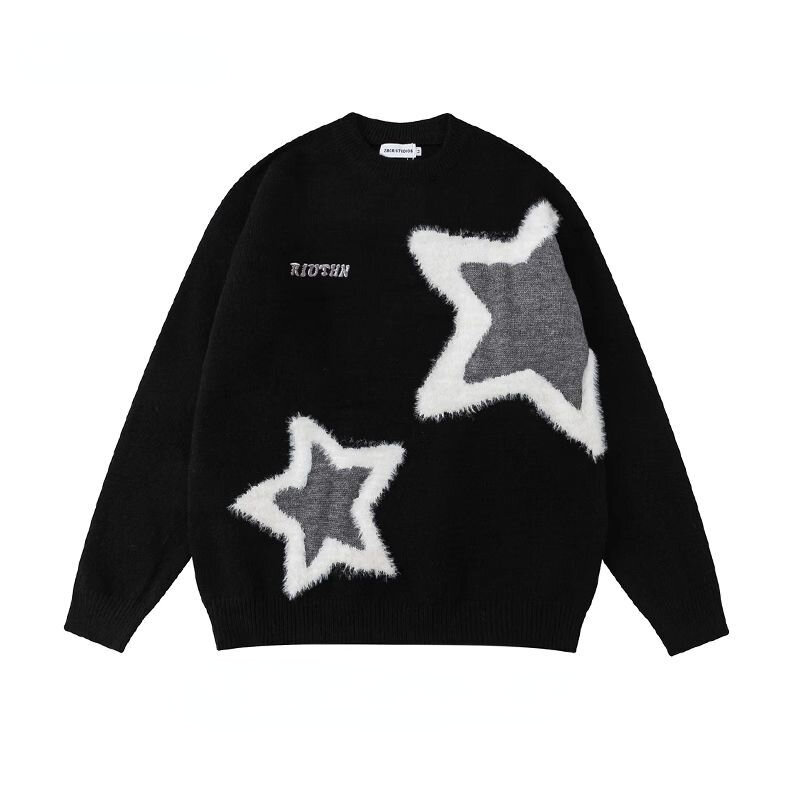 Retro Harajuku gwiazda Flocked para sweter sweter oversize z długimi rękawami pogrubione męskie damskie luźne wszechstronne swetry w stylu Casual