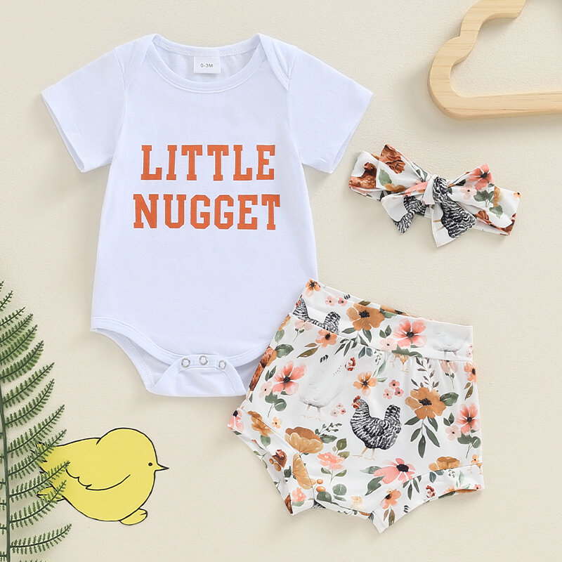 2024-04-18 Lioraitiin Baby Girls Shorts Set, Short Sleeve Letters Romper Chicken Print Shorts with Hairband Summer Outfit