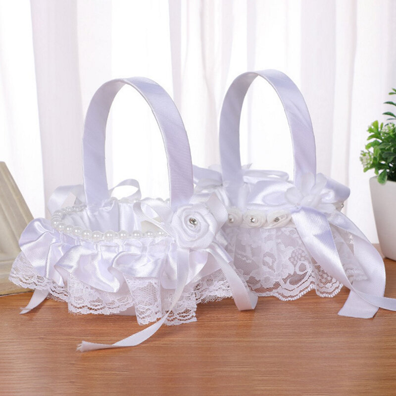 1Pc Elegant Wedding Supplies Flower Basket Simulation Petals Party Home Decor-Gift Woven Flower Basket Hand-Held Basket Wedding