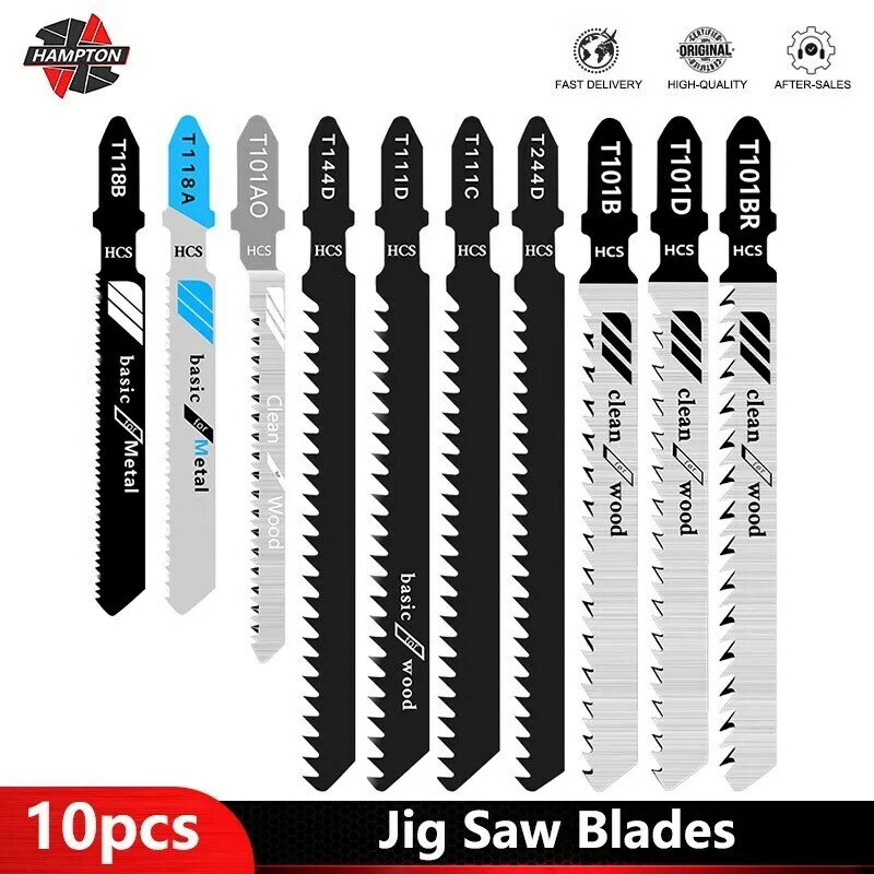 HAMPTON Jig Saw Blade Set 10pcs T-Shank Jigsaw Blade for Wood / Metal Cutting Tool HCS/HSS Steel Saw Blade Hand Tools