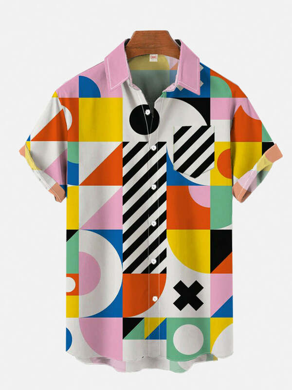 Camicia da uomo con stampa a blocchi di colore geometrico colorato astratto Street Trend Harajuku maglietta estiva a maniche corte con risvolto alla moda top larghi