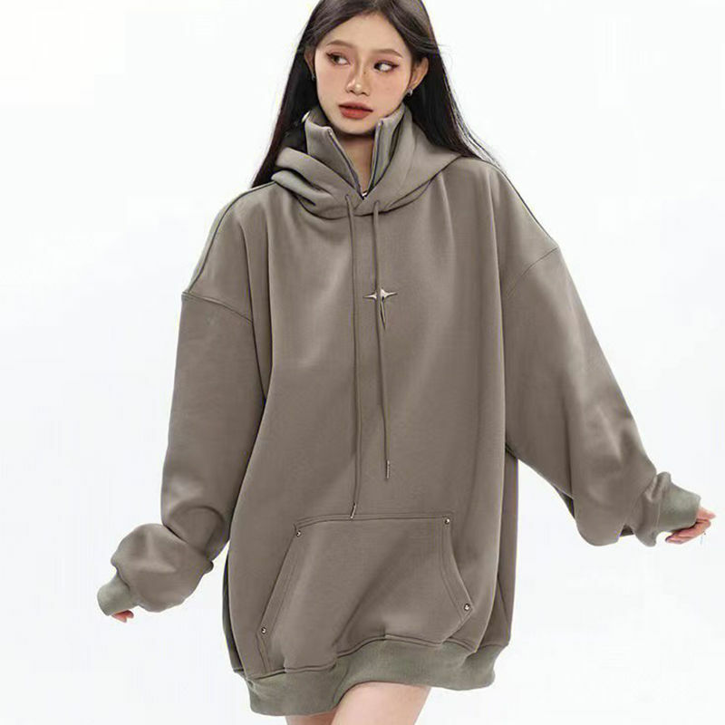 Silver fox down metal hooded sweatshirt autumn and winter pile thick loose couple hoodie 2023 new