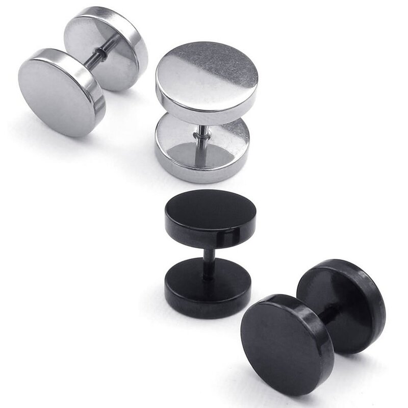 Jewelry Men Earrings, Circle Ear Studs, 6mm 2 Pair, Black Silver - Stainless Steel