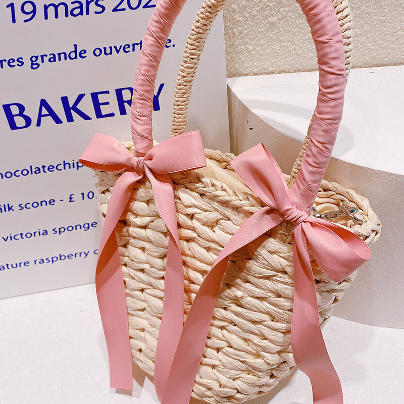 Korean Style Children's Wheat Straw Bags Outdoor Beach Beach With Ribbon Bow Handmade Woven Basket Kids Small Pastoral Bag